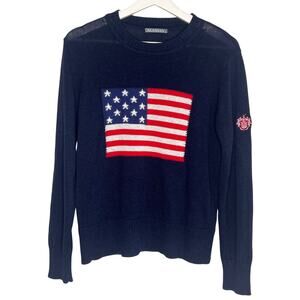 Alashan American Flag Long Sleeve Crew Neck Pullover Sweater Navy Multi Medium